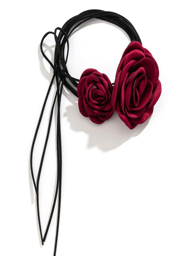 Rannyrena Vinatge Large Flower Choker Necklace 2pcs 3pcs Suede Long Wrap Necklaces Set Bow-knot Layered Tie Necklace with Artificial Rose Boho Party Accessories for Women (2 red) - Image 2